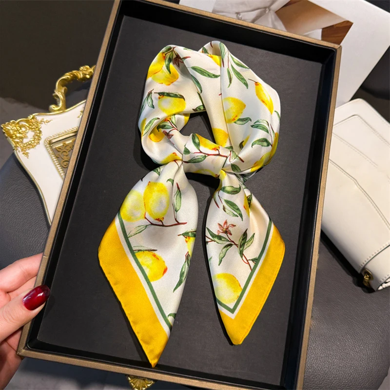 Silk Neck Scarf - 70cm Square Lemon Print Yellow Square