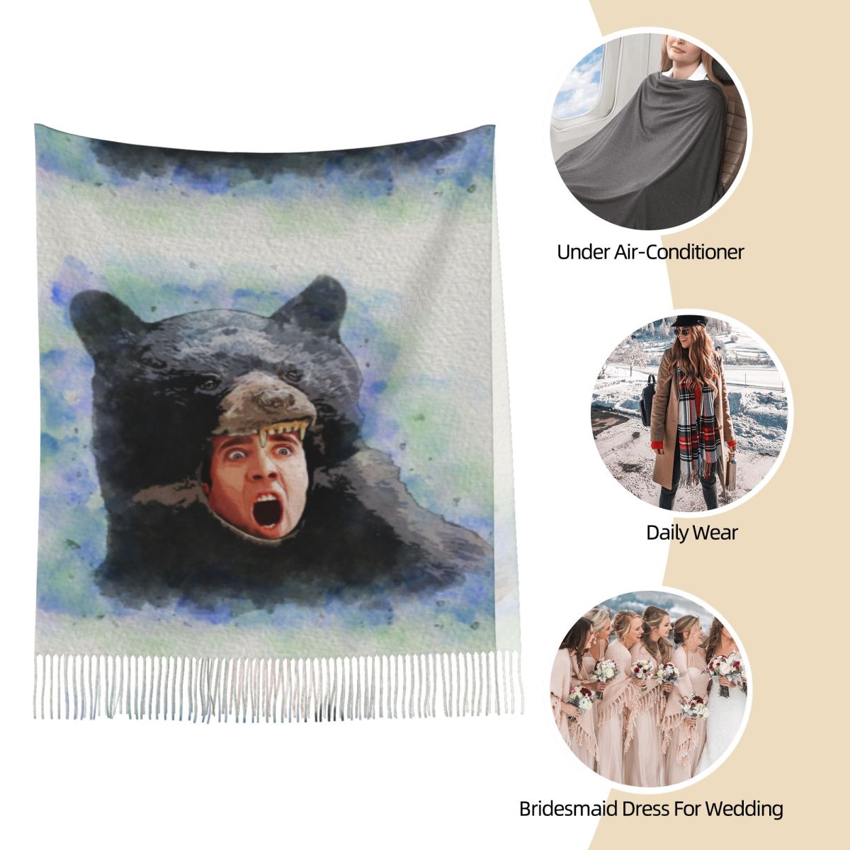 Cage Bear Watercolor Scarf for - Pashmina Wrap Large 리뷰 및 가격